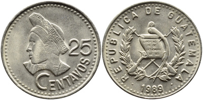 Гватемала 25 сентаво 1989 большая голова, Республика Гватемала KM 278.5 медно-никель UNC 4389-421