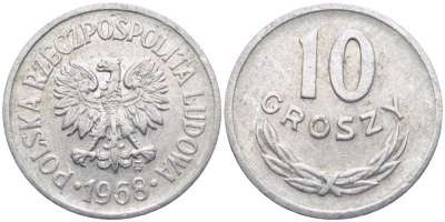 ПОЛЬША 10 ГРОШЕЙ 1968 MW KM АА47 алюминий 112-561