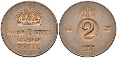 Швеция 2 эре 1968 U, Густав VI Адольф (1950-1973) KM 821 бронза 4364-1231