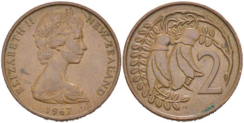 Новая Зеландия 2 цента 1967 Елизавета II (1952-2022), два цветка кохаи KM 32.1 бронза 217-536