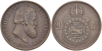 Бразилия 20 рейсов 1869 Педро II (1831-1889) KM 474 бронза 4529-455