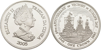 Тристан-да-Кунья 1 крона 2005 60-я годовщина победы в Европе, корабли серебро PROOF 1078-9-14