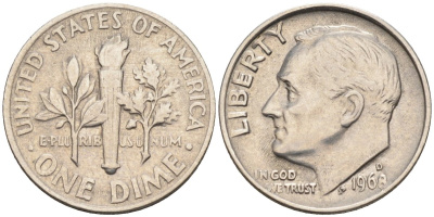 США 10 центов = дайм 1968 D, Рузвельт KM 195а медь плакированная медно-никель 4585-125