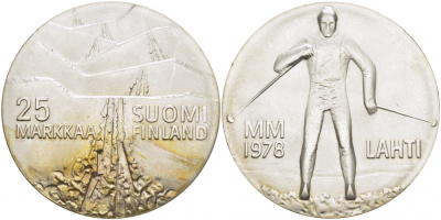 Финляндия 25 марок 1978 K-N, 21 Чемпионат мира по лыжным видам спорта 1978 в Лахти KM 56 серебро UNC 1515-1313
