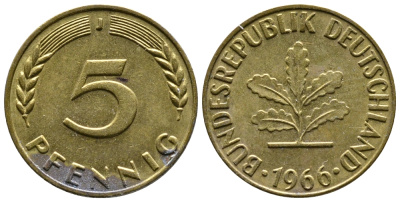 ФРГ 5 ПФЕННИГОВ 1966 J KM 107, J.382 сталь плакированная латунью 26-1115