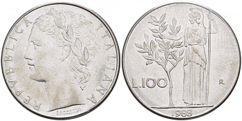 ИТАЛИЯ 100 ЛИР 1988 R, АФИНА У ОЛИВКОВОГО ДЕРЕВА KM 96.1 нержавеющая сталь 4545-733