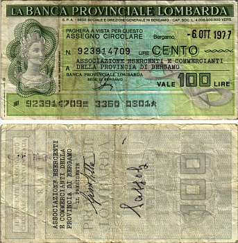 Италия чек на 100 лир 1977 6 октября 1977, La Banca provinciale lombarda бумага 7203-37-2-2
