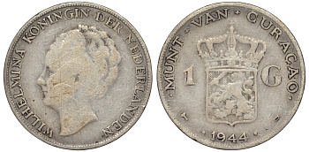 Нидерландское Кюрасао 1 гульден 1944 D, Вильгельмина (1890-1948) KM 45 серебро 36-444