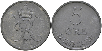 Дания 5 эре 1958 C;S, Фредерик IX (1947-1972) KM 843.2 цинк 4159-551