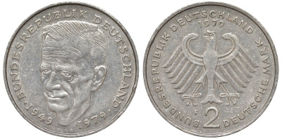 ФРГ 2 марки 1979 F, Курт Шумахер, 30 лет Федеративной Республике (1949-1979) KM 149, J. 424 медно-никель 4137-1022