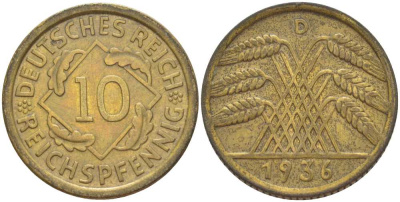 ГЕРМАНИЯ 10 РЕЙХСПФЕННИГОВ 1936 D KM 40, J. 317, Weege 9 алюминиевая бронза 210-427