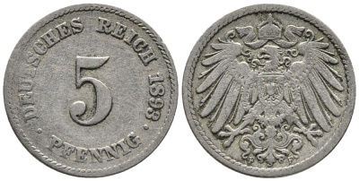 ГЕРМАНИЯ 5 ПФЕННИГОВ 1893 F KM 11, J. 12 медно-никель 39-655