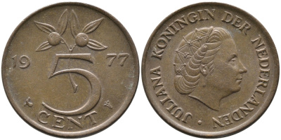 Нидерланды 5 центов 1977 Юлиана (1948-1980) KM 181 бронза 65-1224