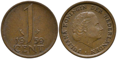 НИДЕРЛАНДЫ 1 ЦЕНТ 1959 ЮЛИАНА KM 180 бронза 112-718
