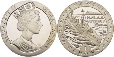Гибралтар 1 крона 1993 серия военные корабли второй мировой войны, H.M.A.S. WATERHEN австралийский эсминец W-класса KM 123 медно-никель BUNC 1084-9-31
