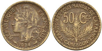 Французский Камерун 50 сантимов 1924 (а), монетный двор Париж KM 1 алюминиевая бронза 4164-1167
