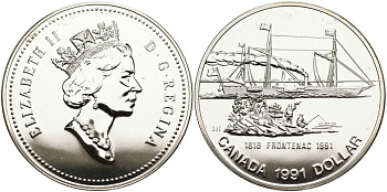 Канада 1 доллар 1991 175 лет первому пароходу "Фронтенак" KM 179 серебро BU 1095-4-52
