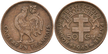 Французский Камерун 50 сантимов 1943 SA, петух, монетный двор Претория KM 4 бронза 4172-423