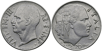 ИТАЛИЯ 20 ЧЕНТЕЗИМО 1940 R, ВИКТОР ИМАНУИЛ, XVIII ГОД KM 75b нержавеющая сталь 98-132