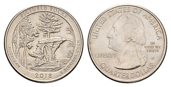 США 25 центов (квотер, 1/4 доллара) 2018 P, Квотеры «Парки США» - Национальные озёрные побережья живописных камней KM 669 медь плакированный медно-никелем UNC 4666-1044