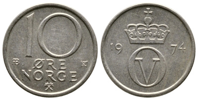 Норвегия 10 эре 1974 Улаф V (1958-1991) KM 416 медно-никель 220-466