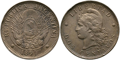 Аргентина 2 сентаво 1891 голова свободы влево KM 8 бронза 4531-1041