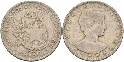 Бразилия 400 рейс 1901 голова свободы вправо KM 505 медно-никель 4367-212