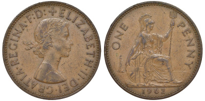 Великобритания 1 пенни 1962 Елизавета II (1952-2022) KM 897, Spink 4157 бронза 51-2325