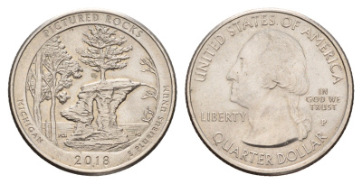 США 25 центов (квотер, 1/4 доллара) 2018 P, Квотеры «Парки США» - Национальные озёрные побережья живописных камней KM 669 медь плакированный медно-никелем UNC 4666-1044