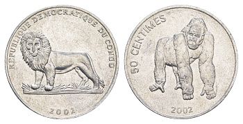 ДР Конго 50 сантимов 2002 Животные - Горилла KM 79 алюминий 4652-1117