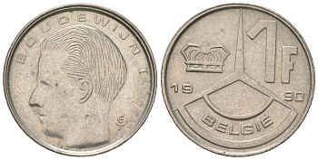 Бельгия 1 франк 1990 Belgie, Бодуэн I (1951-1993) KM 171 нержавеющая сталь aUNC 4618-414