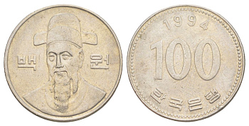 Южная Корея 100 вон 1994 Ли-Сунсин, корейский флотоводец KM 35 медно-никель 4629-717