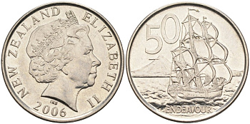 Новая Зеландия 50 центов 2006 Елизавета II (1952-2022), парусник Индевор KM 119а никелированная сталь 4579-1046