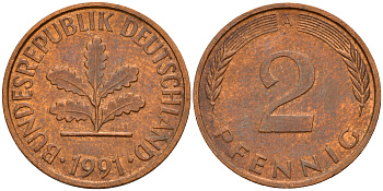 ФРГ 2 пфеннига 1991 A J.381a, KM 106a сталь плакированная медью    4598-927