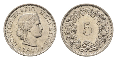 Швейцария 5 раппенов 1970 KM 26 медно-никель 4685-228