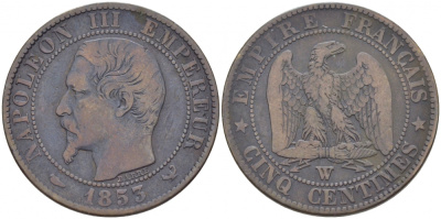 ФРАНЦИЯ 5 САНТИМОВ 1853 W, НАПОЛЕОН III (1852-1870) KM 777.7, LE FRANC 116.7 бронза 4448-1145