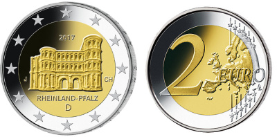 ФРГ 2 евро 2017 D, серия Федеральные земли, Рейнланд-Пфальц, Порта Нигра KM 100 биметалл UNC M15-06