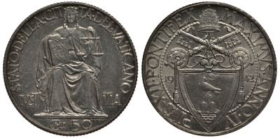 ВАТИКАН 50 ЧЕНТЕЗИМО 1942 ГОД IV, ПАПА ПИЙ XII (1939-1958), ЮСТИЦИЯ KM 34 нержавеющая сталь аUNC 3896-1625