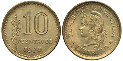 Аргентина 10 сентаво 1970 голова свободы влево KM 66 алюминиевая бронза XF-UNC 4181-219