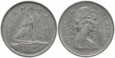 КАНАДА 10 ЦЕНТОВ 1973 ЕЛИЗАВЕТА II, ПАРУСНИК KM 77.1 никель 112-433