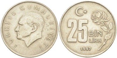 Турция 25000 лир 1997 Мустафа Кемаль Ататюрк KM 1041 медь никель цинк 106-726