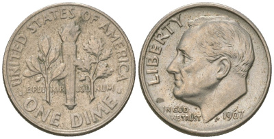 США 10 центов (дайм) 1967 Рузвельт KM 195a медь плакированная медно-никелем 4615-966