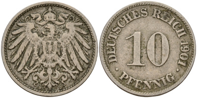 Германия 10 пфеннигов 1901 D J. 13,  KM 12 медно-никель    4603-614