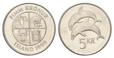 Исландия 5 крон 1999 дельфины KM 28a сталь плакированная никелем UNC 4691-421