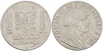 Албания 0,20 лека 1939 R, Итальянская оккупация KM 29 нержавеющая сталь 113-1052
