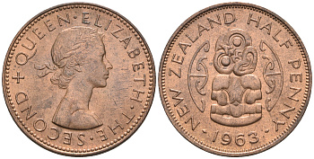 Новая Зеландия 1/2 пенни 1963 Елизавета II (1952-2022), божество Хей-Тики KM 23.2 бронза  aUNC  4176-122