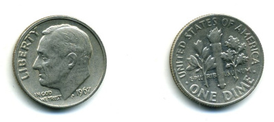 США 10 центов (дайм) 1967 Рузвельт KM 195а медь плакированная медно-никелем 46-2357