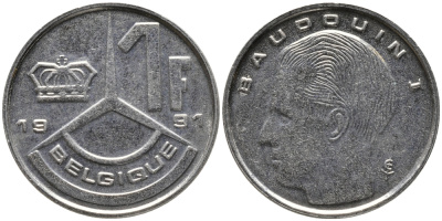 БЕЛЬГИЯ 1 ФРАНК 1991 BELGIQUE KM 170 сталь плакированная никелем 99-1224