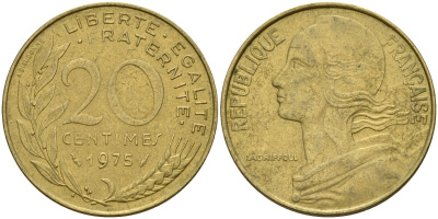 Франция 20 сантимов 1975 KM 930 алюминиевая бронза 4150-833