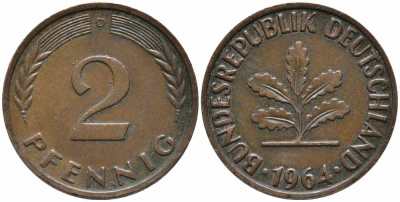 ФРГ 2 ПФЕННИГА 1964 D KM 106, J. 381 бронза 112-141